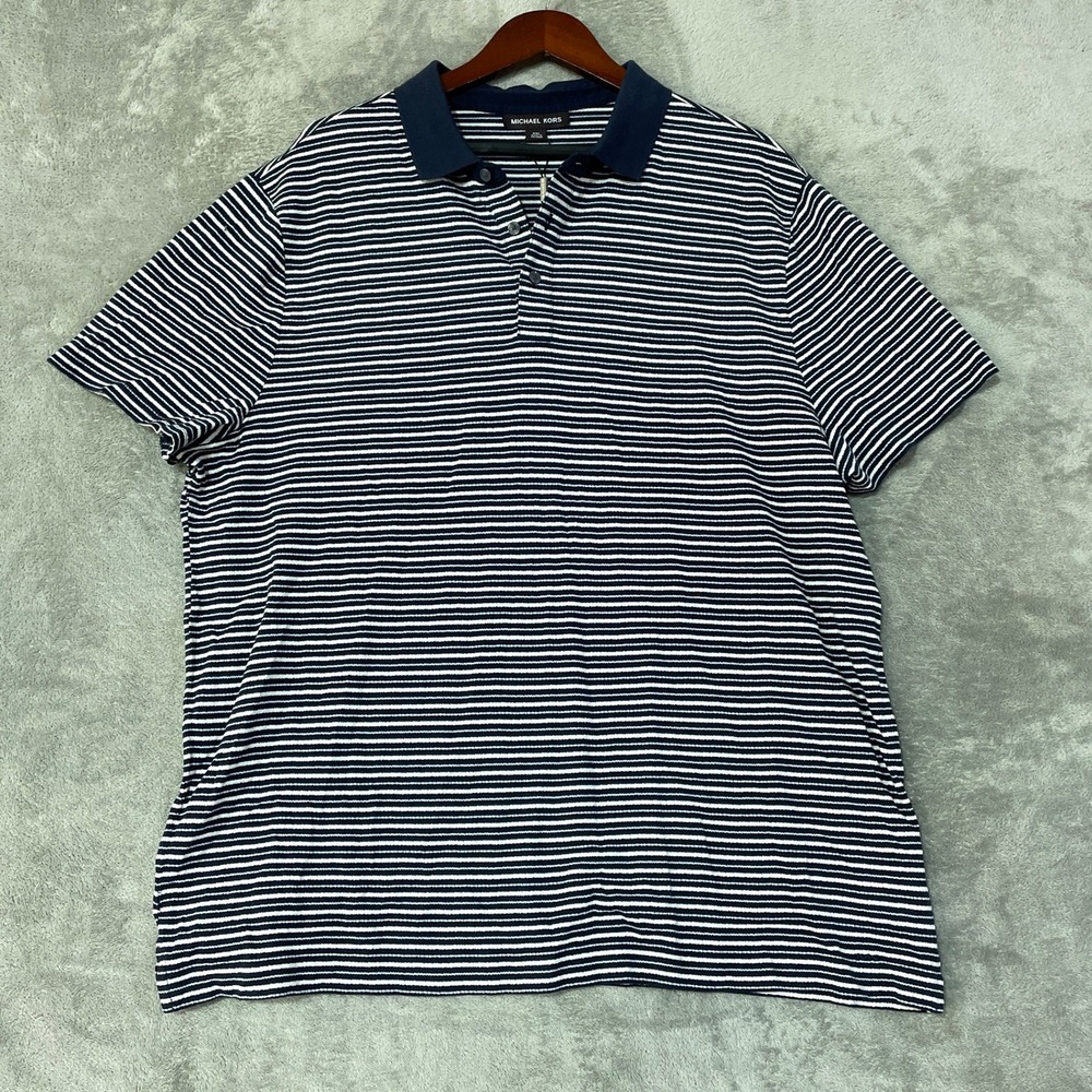 NWOT Michael Kors Polo Shirt Men's XXL Blue Cotton Silk Blend Striped Casual